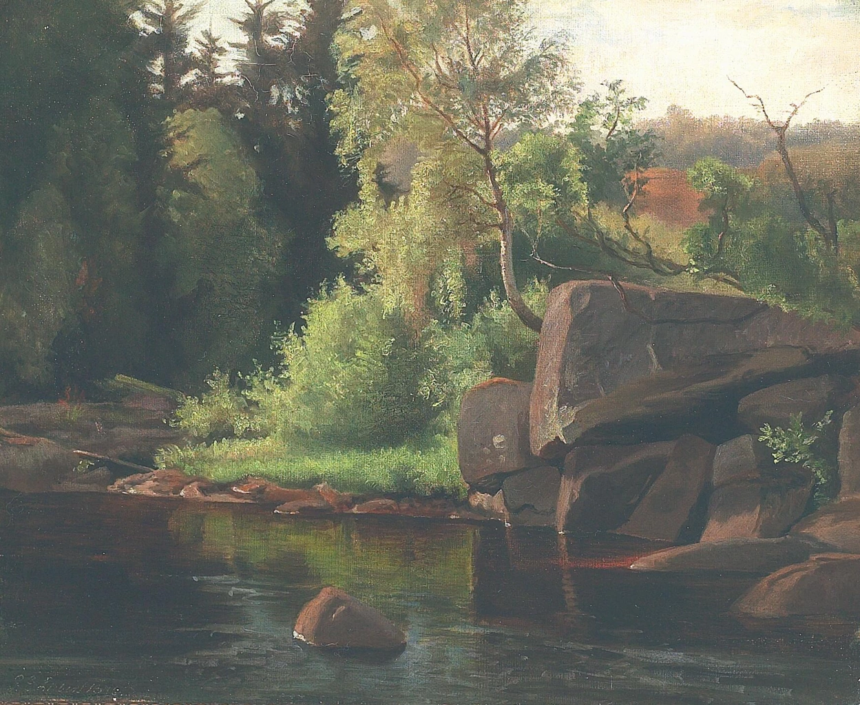 Un lago forestale con grandi pietre, 1876